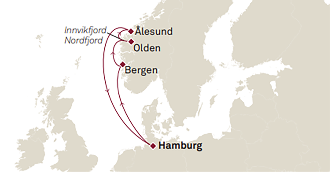 Karte der Route der Queen Mary 2 nach Norwegen: Hamburg - Bergen - Olden - Alesund - Hamburg