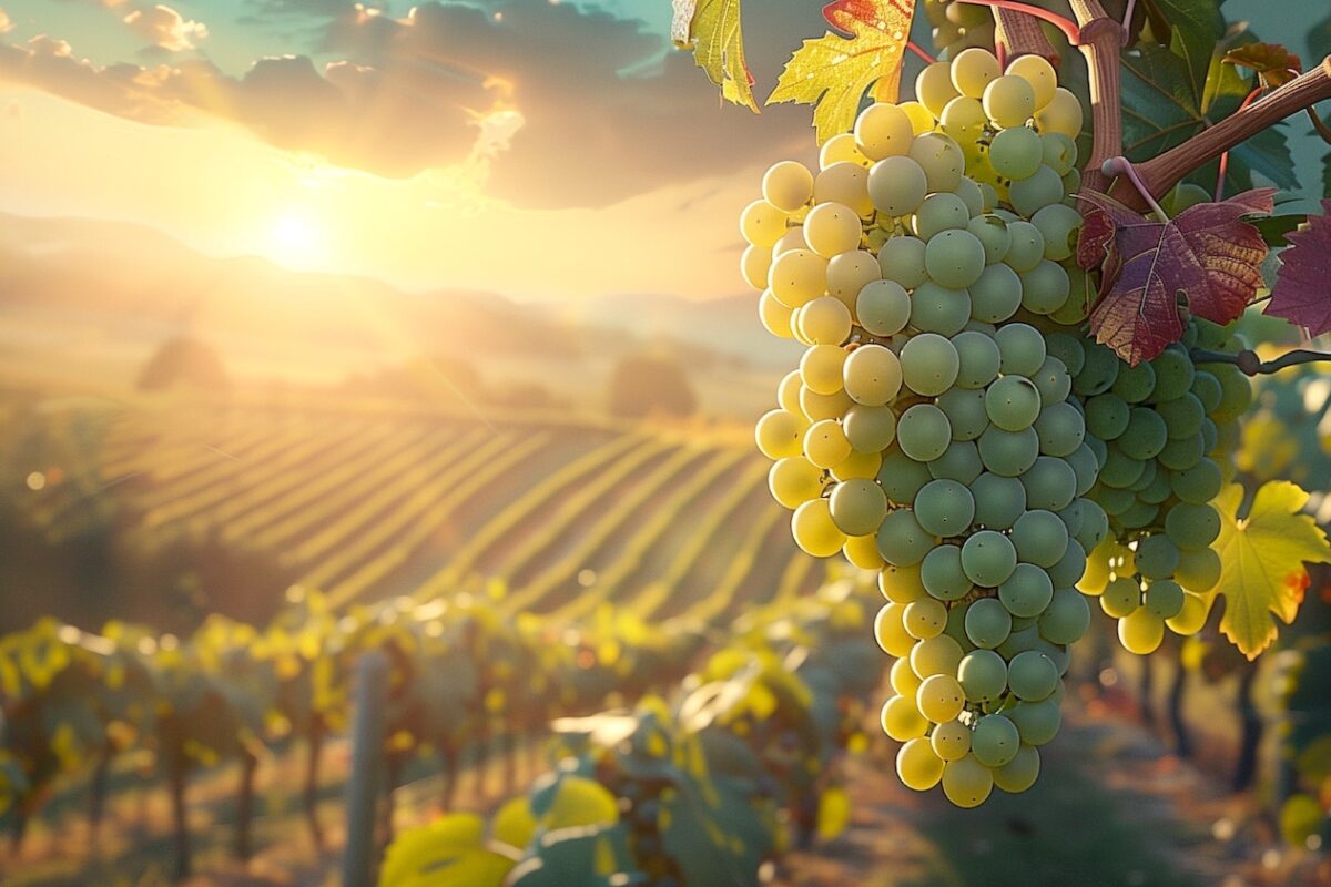 Weiße Weinrebe vor Weinbergen bei Sonnenuntergang