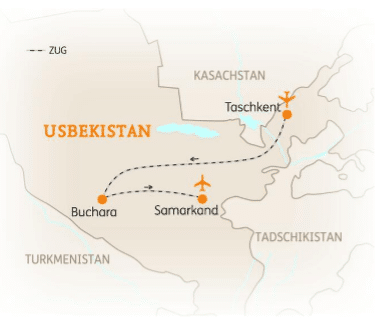 Landkarte Usbekistan mit Reiseroute von Taschkent über Buchara nach Samarkand